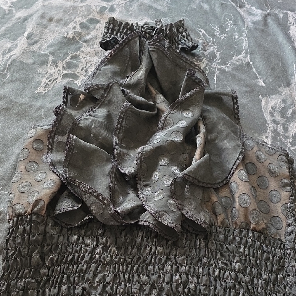 Elegant Black Grey Layered Ruffle No Sleeve Semi See Through Tunic Cropped Top - Picture 6 of 16